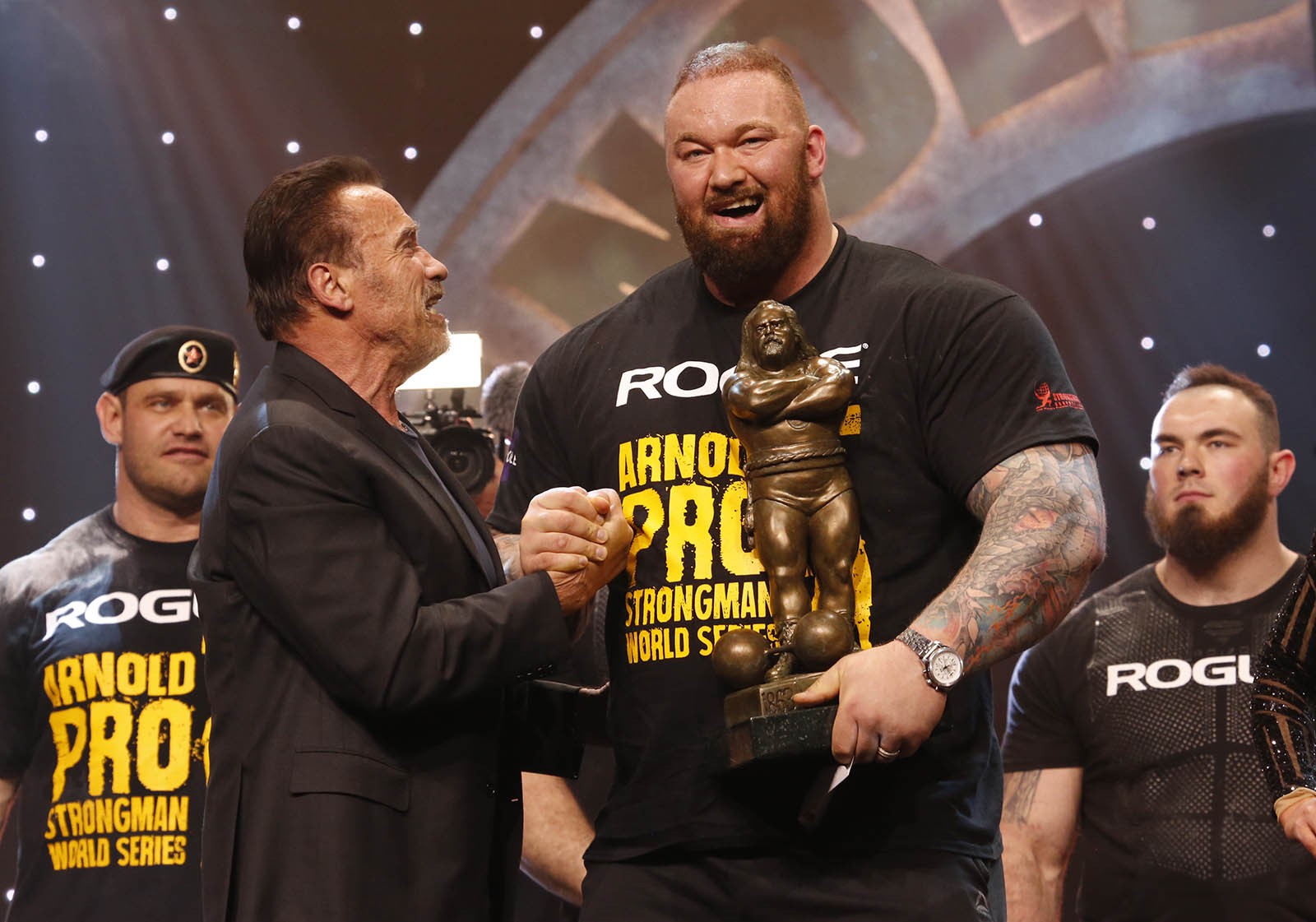 Hafthor Bjornsson wins The Arnold Strongman Classic with Gov. Arnold Schwarzenegger Photo by Dave Emery
